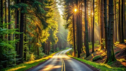 Sunlit Forest Road Winding Through Lush Green Trees at Dawn