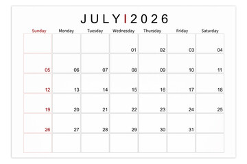 July 2026 Blank calendar page isolated on white background, Save clipping path.
