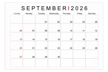 September 2026 Blank calendar page isolated on white background, Save clipping path.