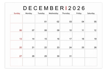 December 2026 Blank calendar page isolated on white background, Save clipping path.