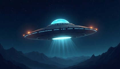 Obraz premium Nighttime Encounter: A mysterious flying object hovers silently over an otherworldly landscape, bathed in an eerie and ethereal glow, hinting at the unknown depths of space.