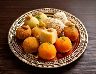 photo of Indian sweets served in silver or wooden plate. variety of Peda, burfi, laddu