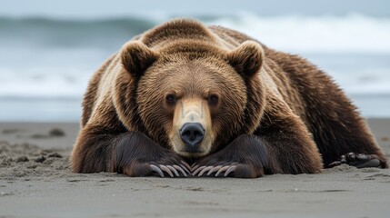 Obraz premium Majestic brown bear resting on sandy beach near ocean waves