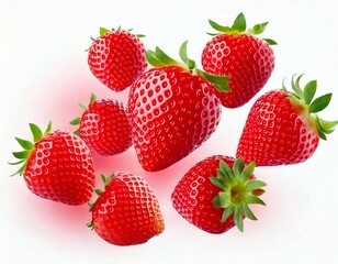 Strawberries floating in air, Ripe strawberry isolated on white background. 