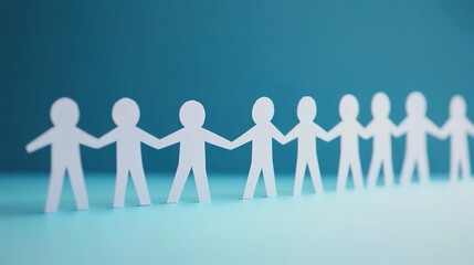A row of white paper-cut human figures holding hands against a plain blue background.