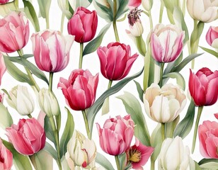 Fototapeta premium tilips pink and white flowers watercolor on white background seamless pattern for fabric, 