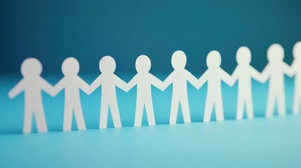A row of white paper-cut human figures holding hands against a plain blue background.