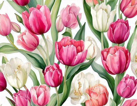  tilips pink and white flowers watercolor on white background seamless pattern for fabric,  - Powered by Adobe