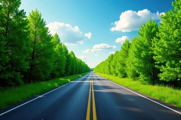 Fototapeta premium Asphalt Road Leading Through Lush Green Trees Under a Bright Sunny Sky with Fluffy White Clouds