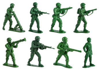 Set of green toy soldiers on a transparent background. The concept of playing soldiers.