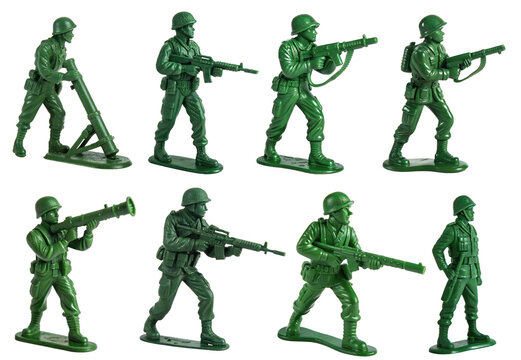 Set of green toy soldiers on a transparent background. The concept of playing soldiers. - Powered by Adobe