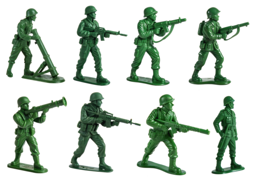 Set of green toy soldiers on a transparent background. The concept of playing soldiers.