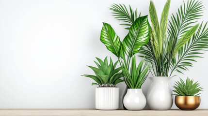 Obraz premium Lush green plants in modern pots on wooden shelf display