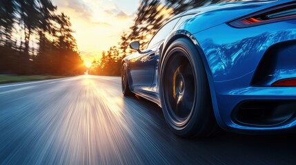 Fototapeta premium Blue sports car speeding on forest road at sunset
