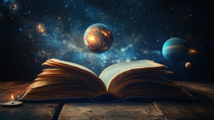 Open book with floating planets and cosmic background on wooden table