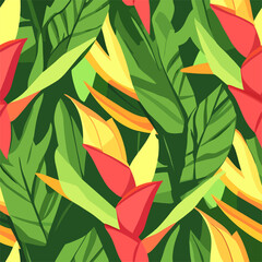 Tropical Bird of Paradise Seamless Pattern Vibrant Bird of Paradise flowers and lush green leaves create a lively, tropical seamless pattern, perfect for textile design or digital wallpaper.