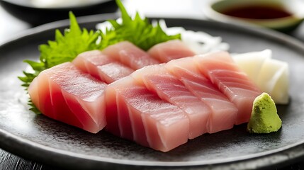 Fresh, raw red salmon slices and healthy green asparagus on a white plate make a gourmet seafood meal