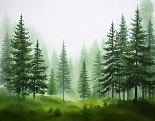 Fototapeta premium watercolor, forest, tree, nature, mist, fog, woods, pine, green, landscape, hills, beautiful, illustration, art, scenery, outdoors, peaceful, misty, environment, tranquil, mountain, foliage, rustic, w