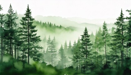 Fototapeta premium watercolor, forest, tree, nature, mist, fog, woods, pine, green, landscape, hills, beautiful, illustration, art, scenery, outdoors, peaceful, misty, environment, tranquil, mountain, foliage, rustic, w