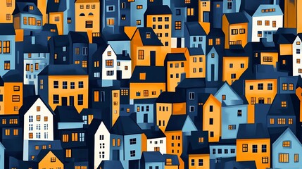 Abstract stylized cityscape illustration in bold hues of ochre and navy