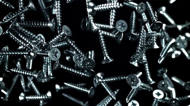 Self-tapping screws fly up and fall down. Filmed on a high-speed camera at 1000 fps. High quality FullHD footage