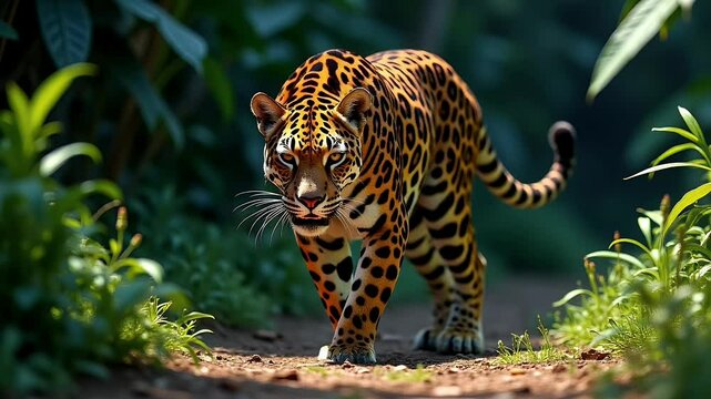 Spotted jaguar moves stealthily through jungle
