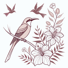 Obraz premium Beautiful tropical bird on exotic flowers in vintage style, Elegant boho design. 