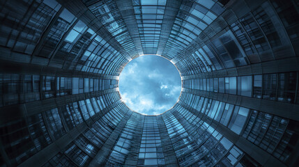 stunning view of circular architectural structure with reflective glass, showcasing sky
