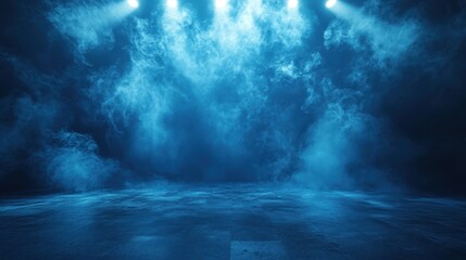 Blue misty stage with dramatic lighting and smoky ambiance