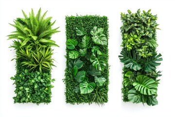 Three vertical panels of artificial green walls with various plants on a white background