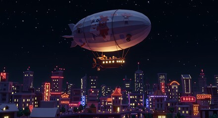 A glowing 3D cartoon blimp drifting above a neon-lit cartoon cityscape at night