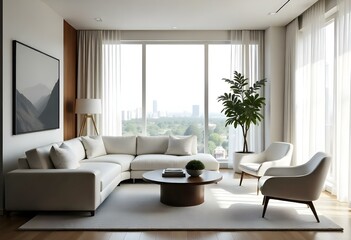 Minimalist living room with a curved sofa, a dark wooden coffee table, and a white armchair, large windows with sheer white curtains, city view in the background
