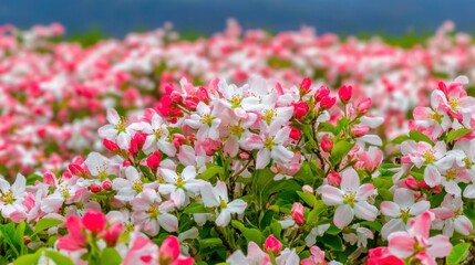 Fototapeta premium Blossoming Pink and White Flowers in a Lush Green Field Landscape