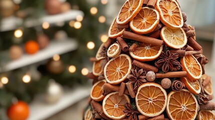 Decorative christmas tree with dried oranges and cinnamon sticks in cozy holiday setting