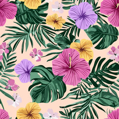 Tropical Bloom a vibrant tapestry of tropical flora, showcasing exotic hibiscus flowers and lush green foliage in a seamless, repeating pattern. 