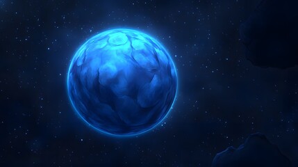 Fototapeta premium Glowing Blue Planet in Deep Space Orbiting Amongst Asteroids A Cosmic Scene