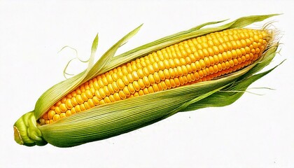  Yellow corn with husk watercolor illustration isolated on white transparent background 