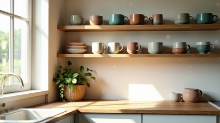 Sunlit Kitchen Corner with Earthy Toned Mugs and Dishes on Wooden Shelves, Featuring a Potted Plant