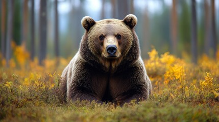 Obraz premium Majestic grizzly bear in autumn forest surrounded by vibrant foliage