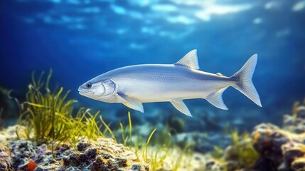 Naklejka premium Underwater Scene Featuring a Silver Fish Swimming in Blue Water