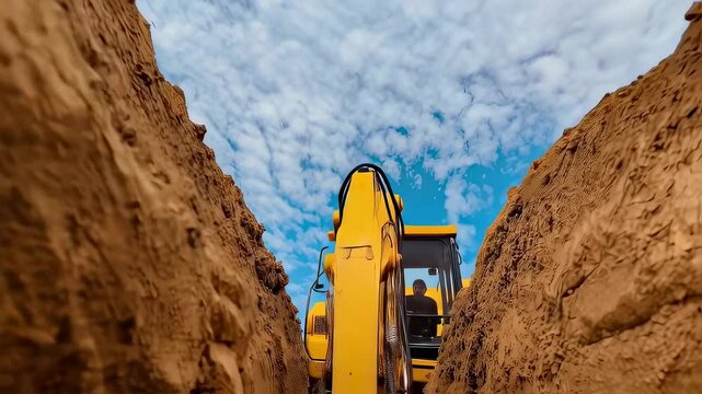 Yellow excavator positioned between steep sandy walls, operating in narrow trench under cloudy blue sky. Powerful machinery performing earthwork with precise movement.