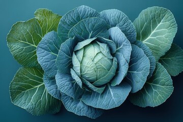 Obraz premium A close-up of a fresh cabbage surrounded by dark green leaves on a blue background