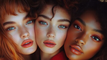 Three young women of diverse races with vibrant makeup and hair