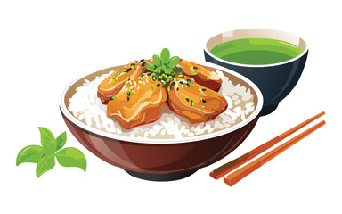 eriyaki Chicken Rice Bowl with Hot Green Tea - Vector Illustration
