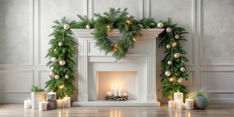 Festive Fireplace Decor with Evergreen Garland and Candles