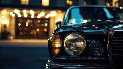 Close-up of a vintage car's headlights at night.