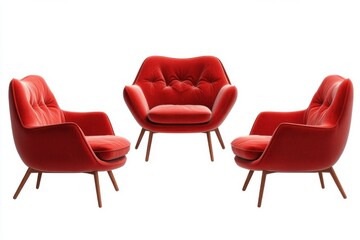 Obraz premium Three red velvet armchairs with wooden legs arranged on a white background in a studio setting