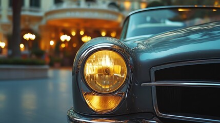 Close-up of a vintage car's headlights at night.