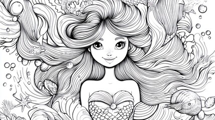 Fototapeta premium Cute mermaid in ocean scene