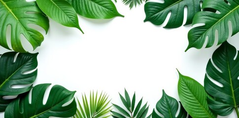 Tropical leaves frame with copy space on white background, jungle, creativity, borders